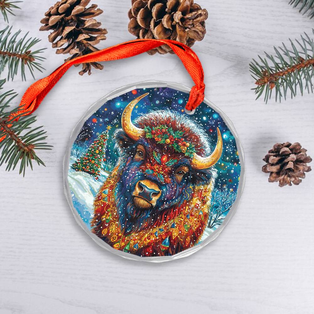 Beautiful Bison Christmas Night Design 1 Glass Ornament