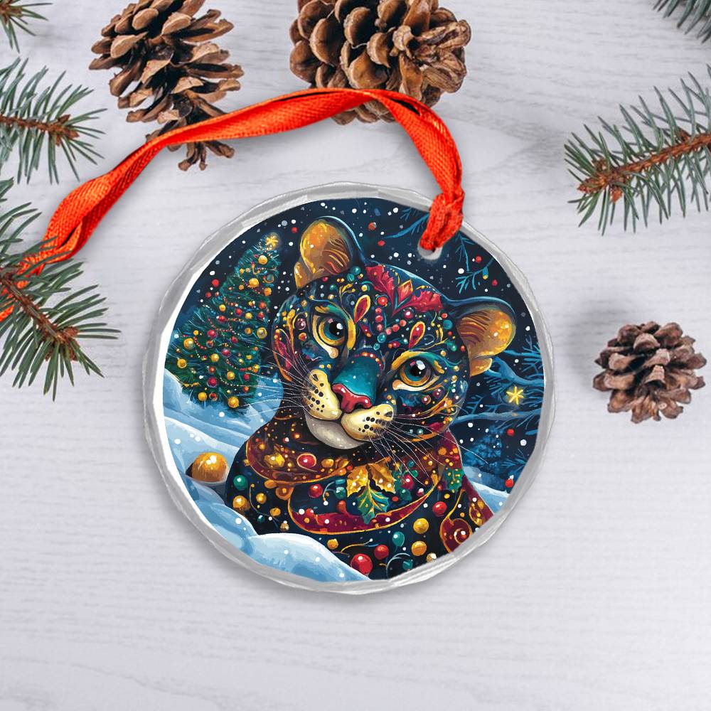 Beautiful Panther Christmas Night Design 4 Glass Ornament