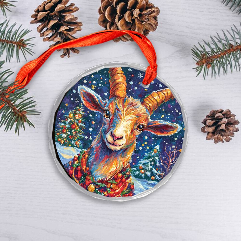 Beautiful Goat Christmas Night Design 2 Glass Ornament