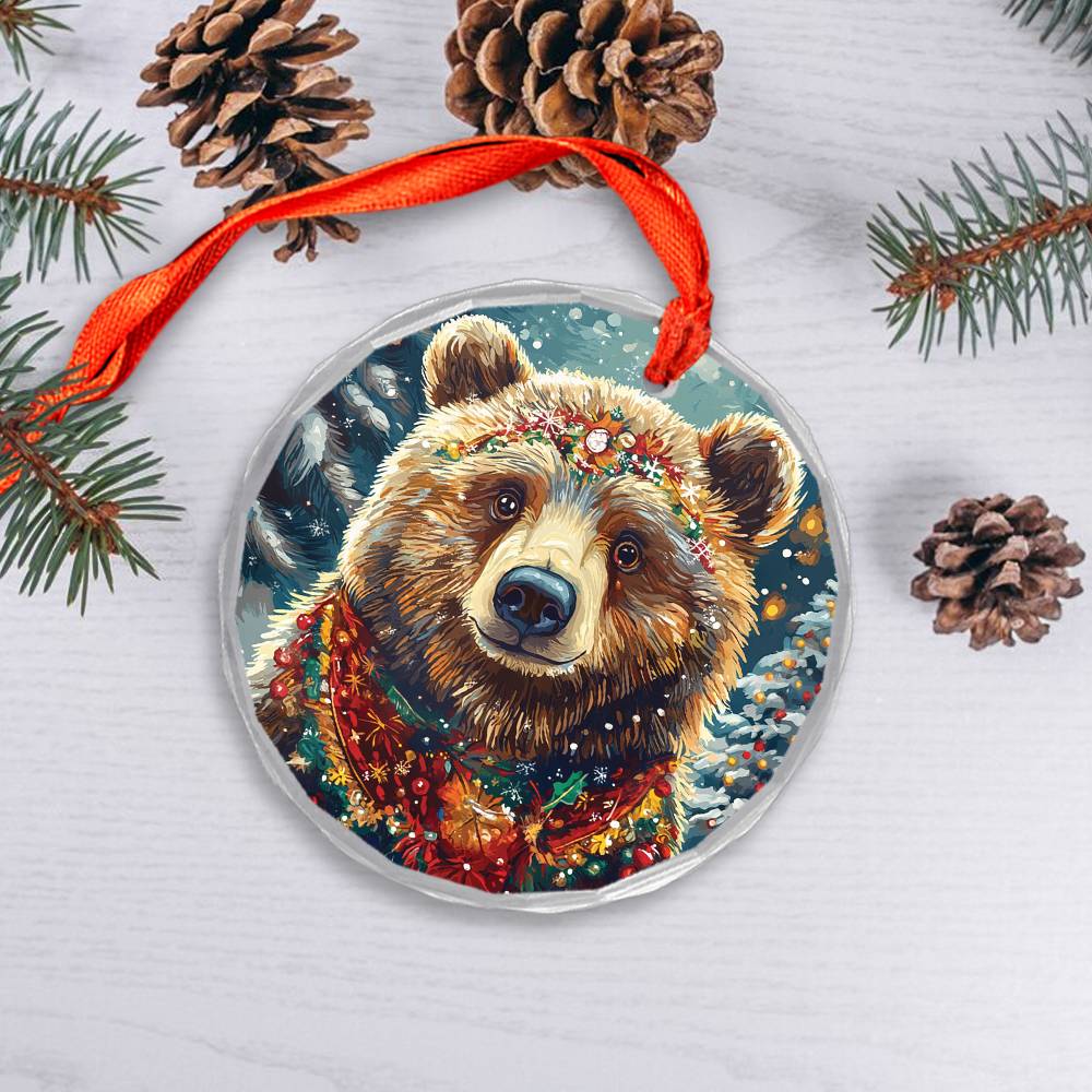 Beautiful Angus Grizzly Bear Christmas Night Design 2 Glass Ornament