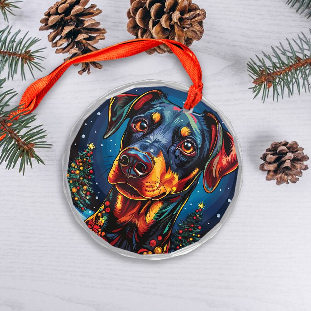 Beautiful Angus Doberman Pinscher Dog Christmas Night Design 3 Glass Ornament
