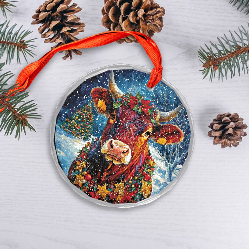 Beautiful Angus Cow Christmas Night Design 1 Glass Ornament