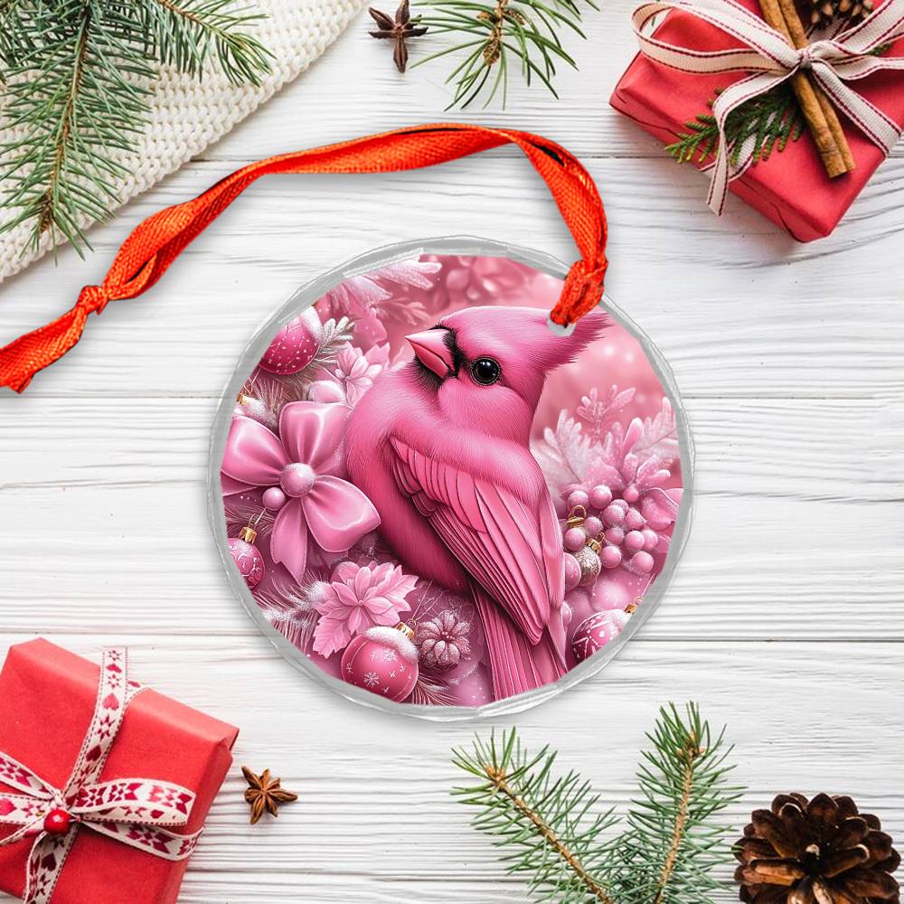 Cardinal Pink Christmas Design 4 Glass Ornament