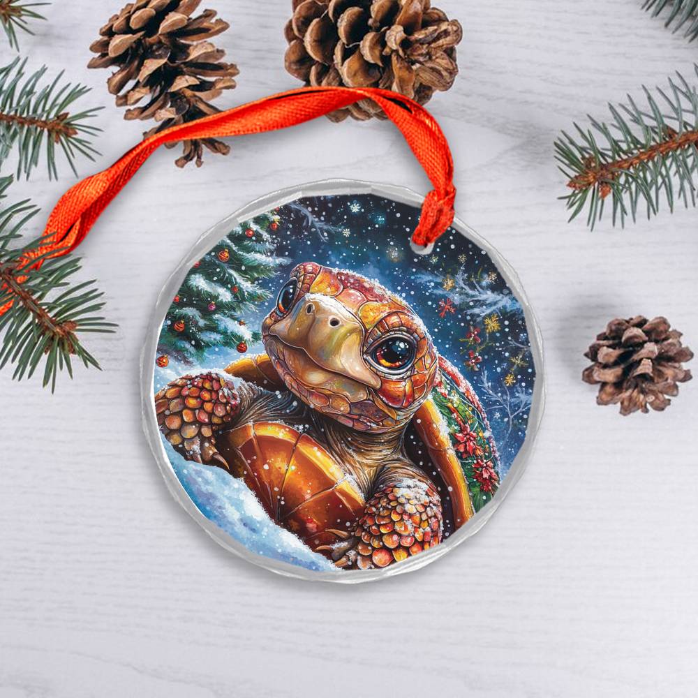 Beautiful Tortoise Christmas Night Design 1 Glass Ornament