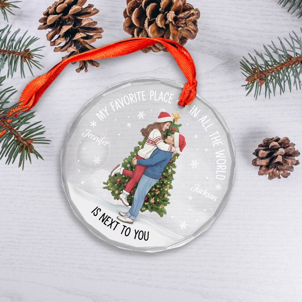 Christmas Couple Kissing My Favorite Place In All The World - Personalized Circle Glass Ornament 2