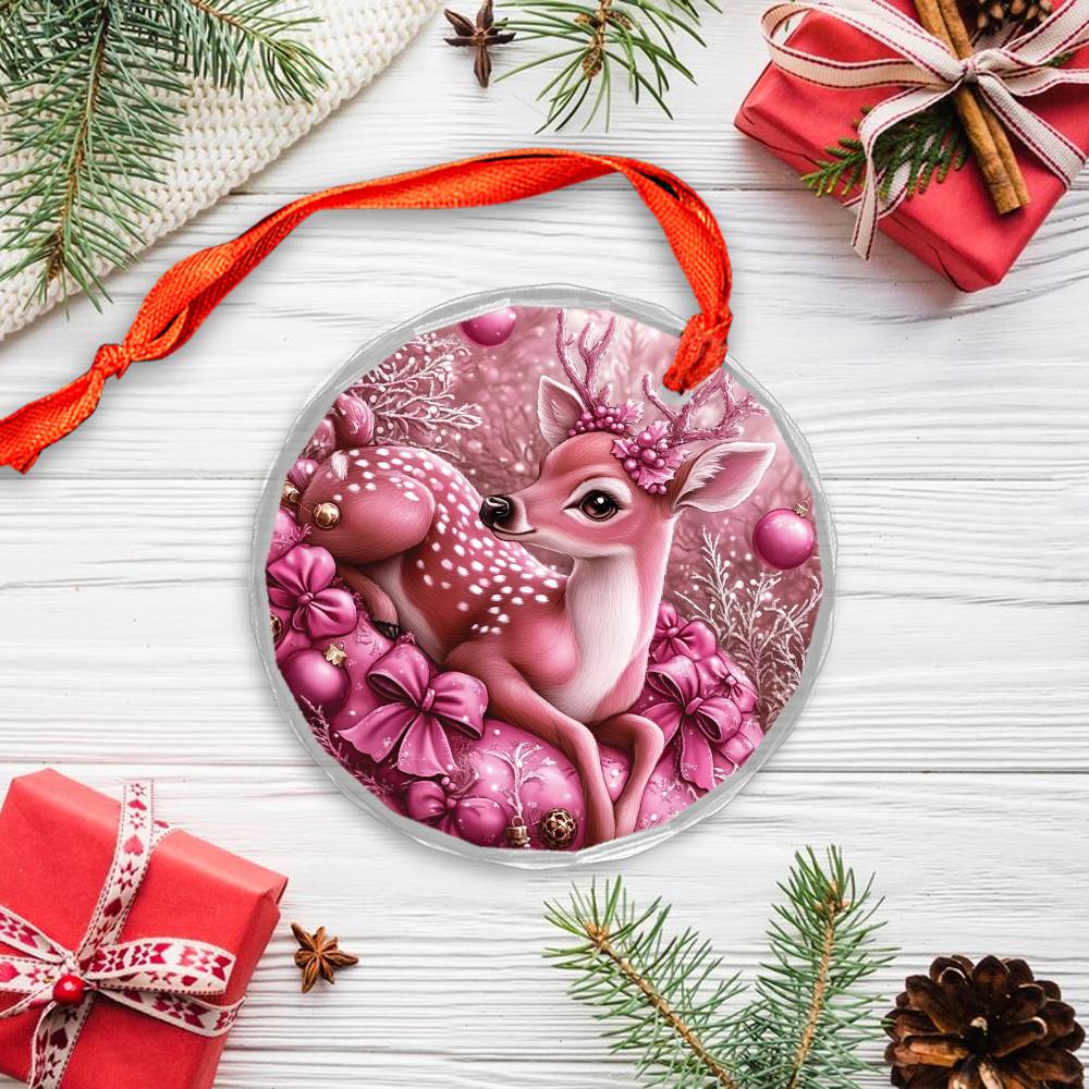 Deer Pink Christmas Design 4 Glass Ornament