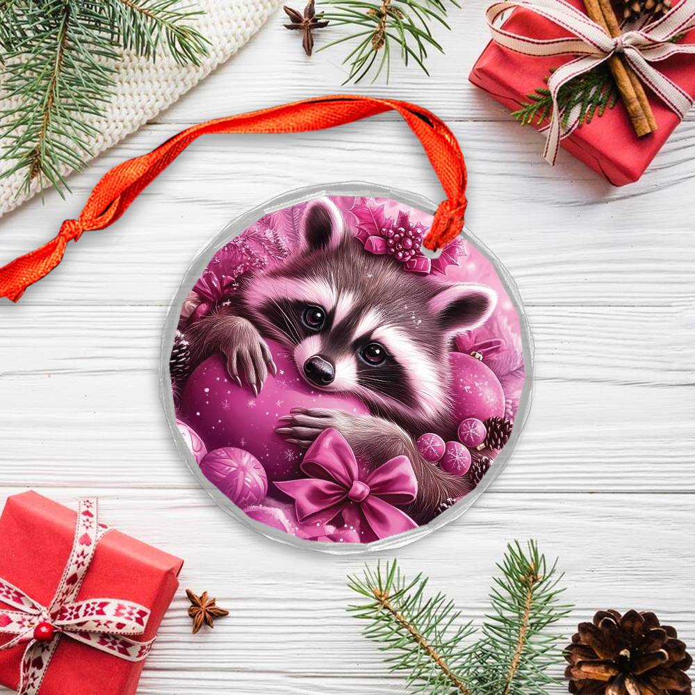 Racoon Pink Christmas Design 3 Glass Ornament