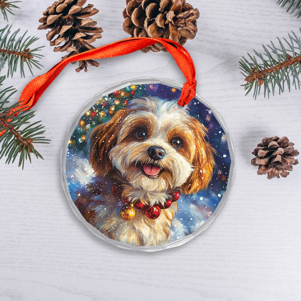 Beautiful Havanese Dog Christmas Night Design 3 Glass Ornament