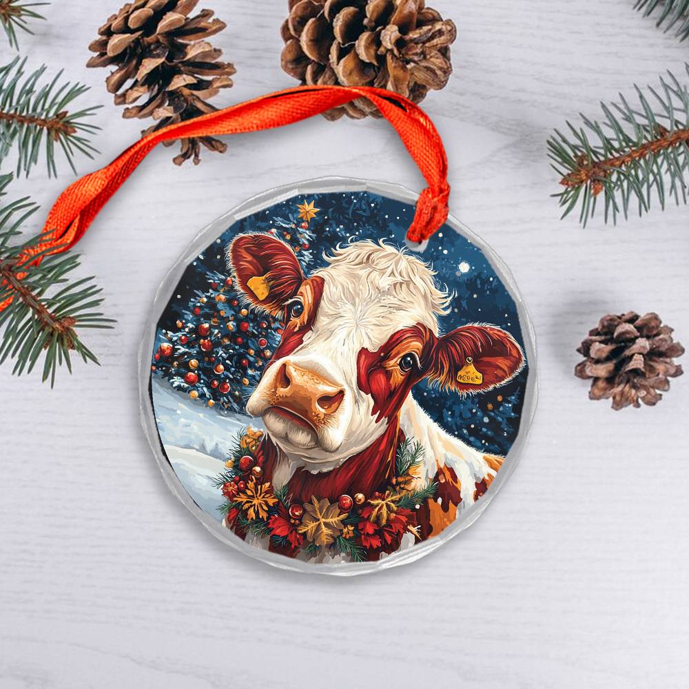 Beautiful Hereford Cow Christmas Night Design 4 Glass Ornament