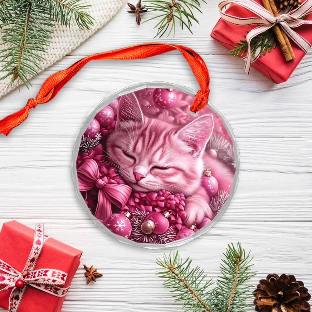 American Shorthair Pink Christmas Design 1 Glass Ornament