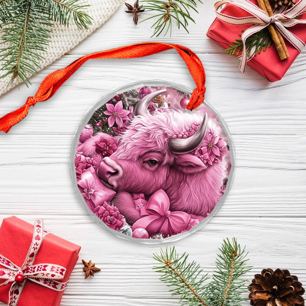 Bison Pink Christmas Design 2 Glass Ornament
