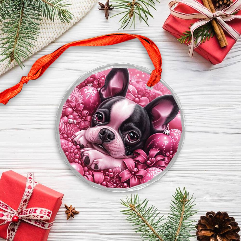 Boston Terrier Dog Pink Christmas Design 4 Glass Ornament