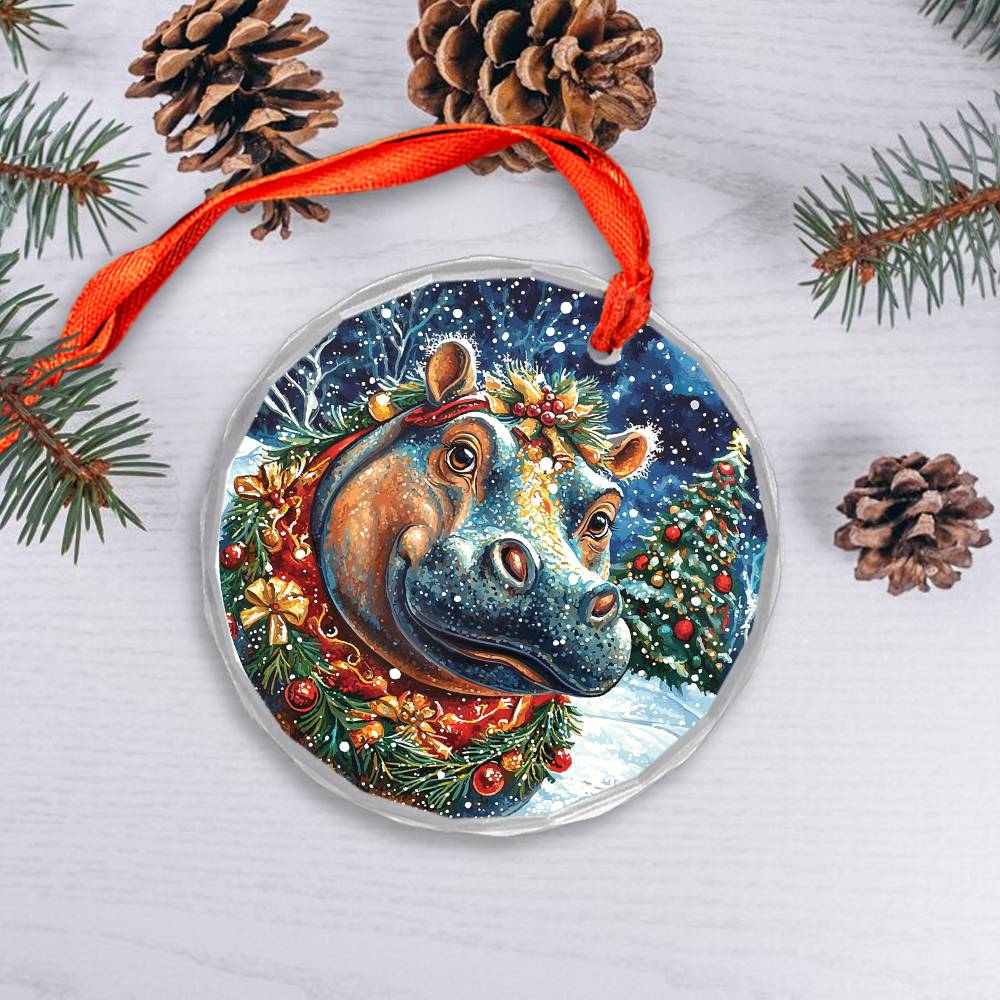 Beautiful Hippo Christmas Night Design 4 Glass Ornament