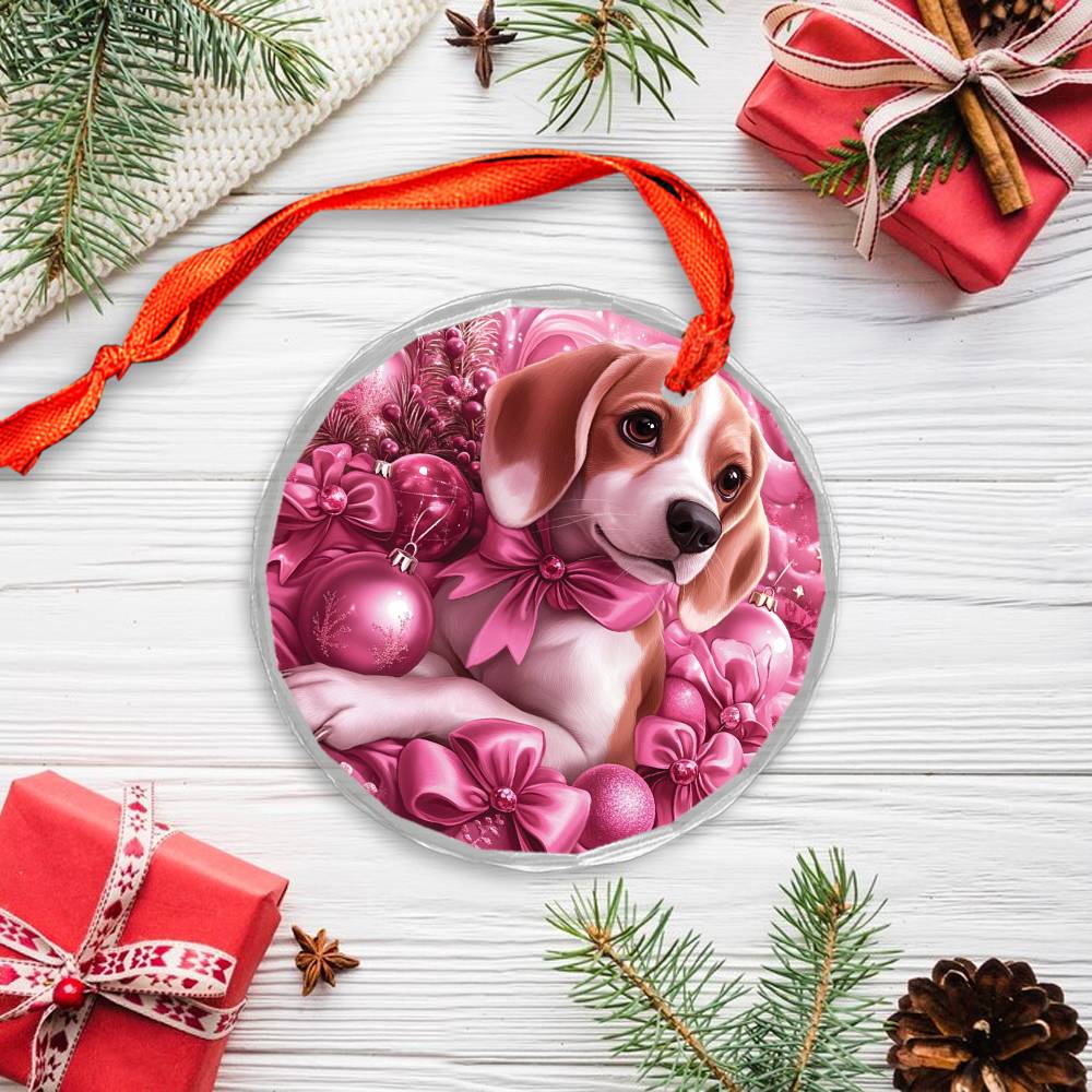 Beagle Dog Pink Christmas Design 1 Glass Ornament