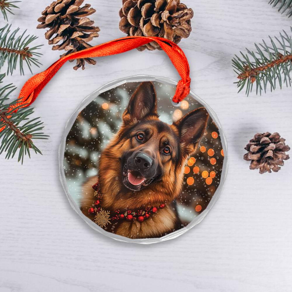 Beautiful German Shepherd Dog Christmas Night Design 2 Glass Ornament