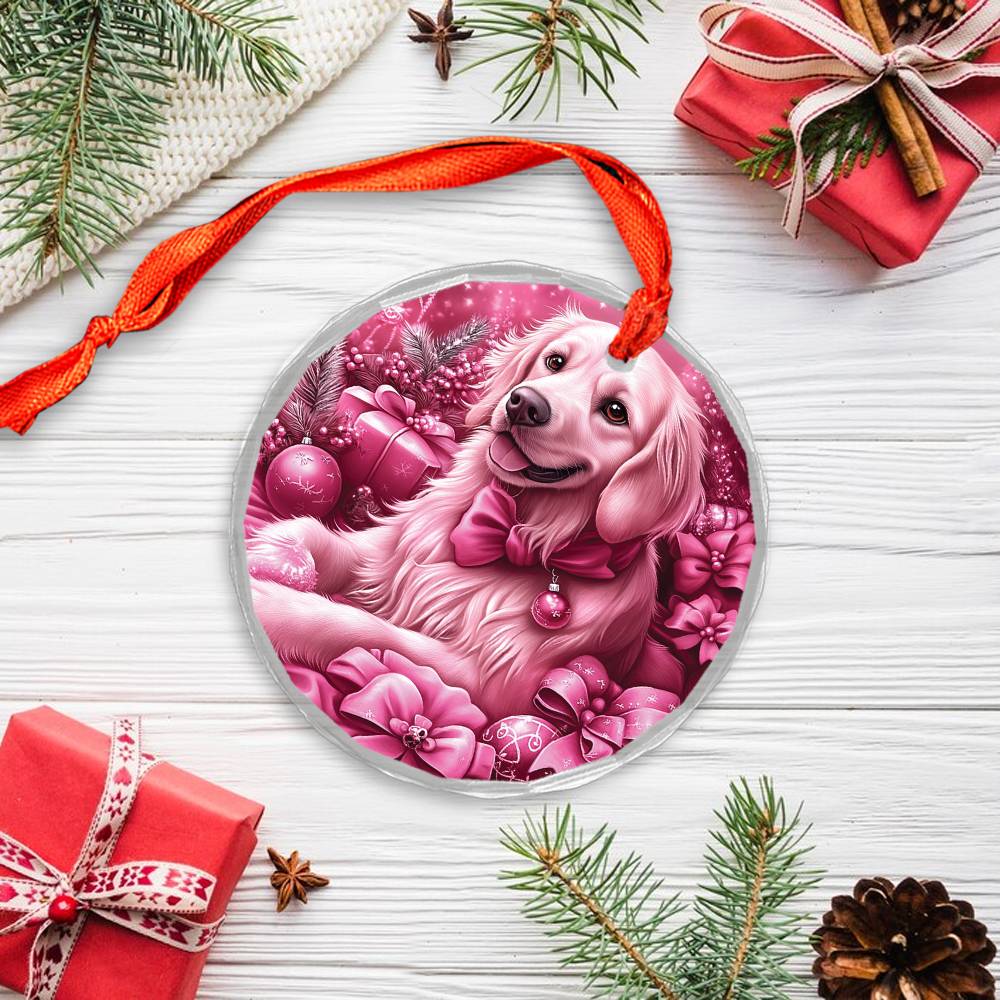 Golden Retriever Dog Pink Christmas Design 4 Glass Ornament
