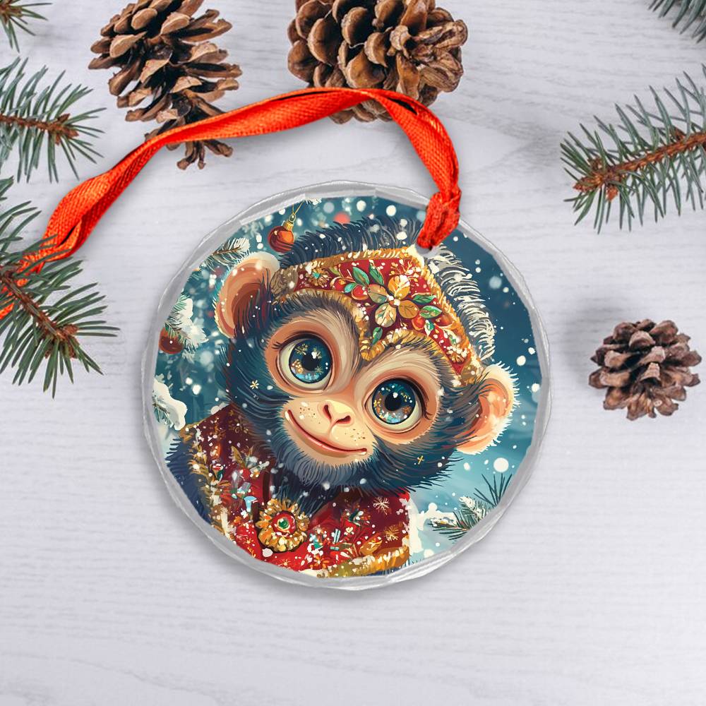 Beautiful Angus Monkey Christmas Night Design 2 Glass Ornament