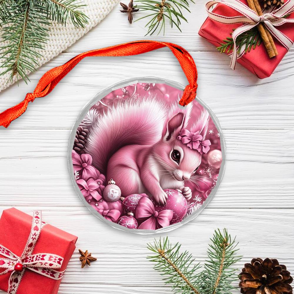 Squirrel Pink Christmas Design 1 Glass Ornament
