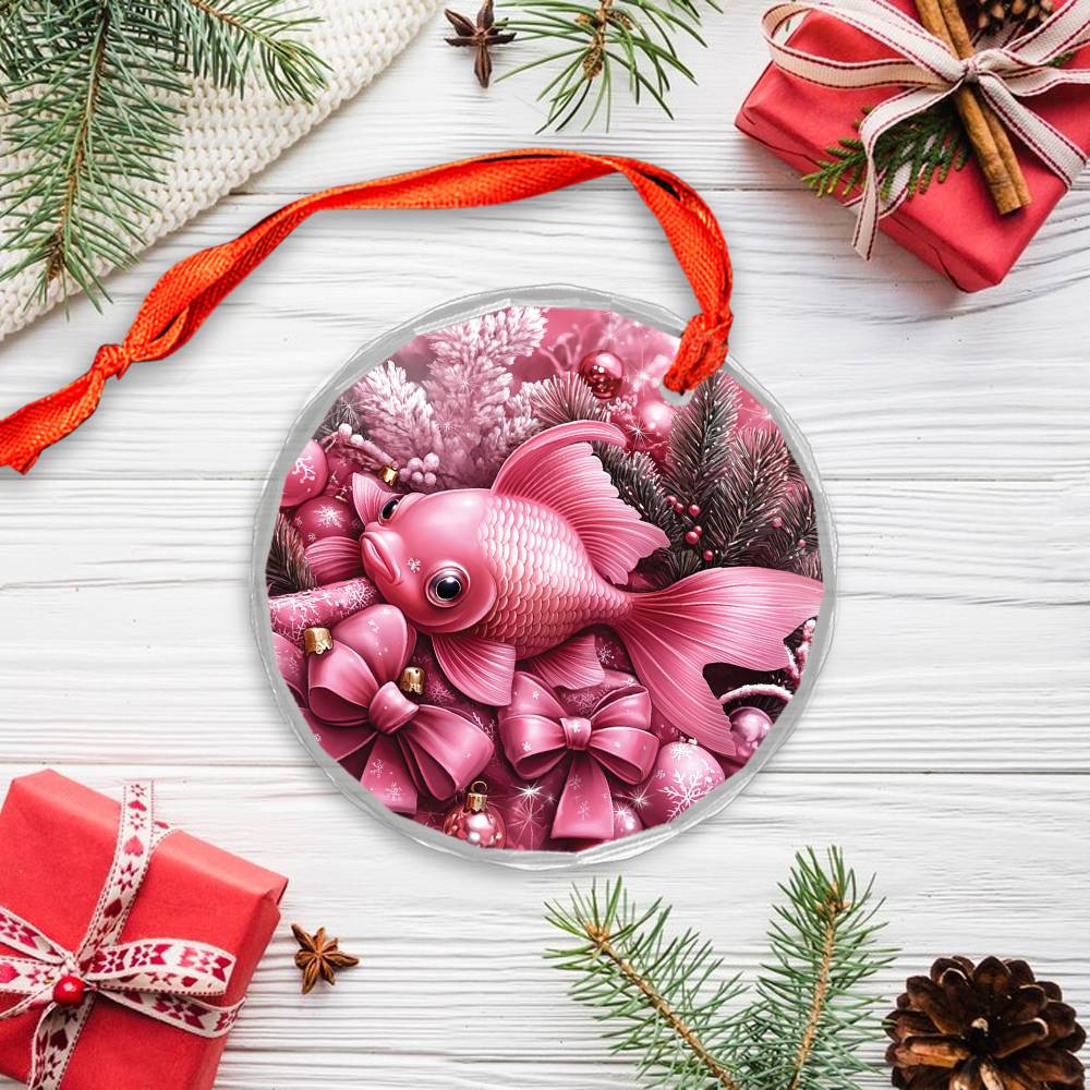 Goldfish Pink Christmas Design 2 Glass Ornament