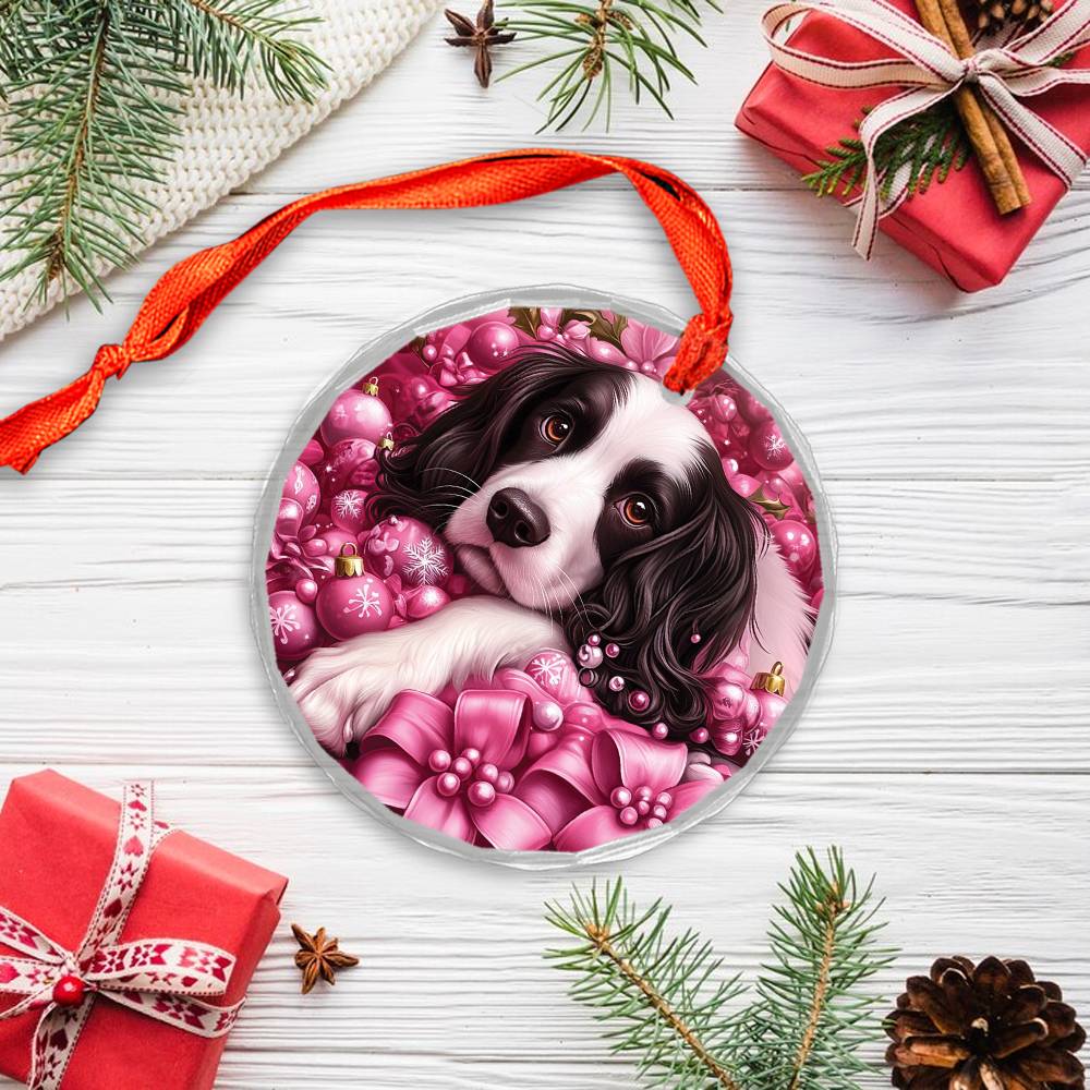 English Springer Spaniel Dog Pink Christmas Design 4 Glass Ornament