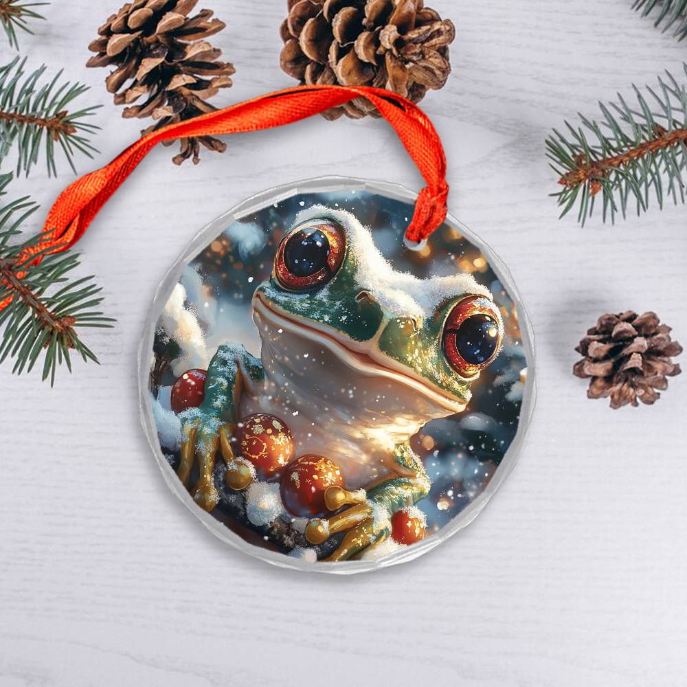 Beautiful Angus Frog Christmas Night Design 2 Glass Ornament