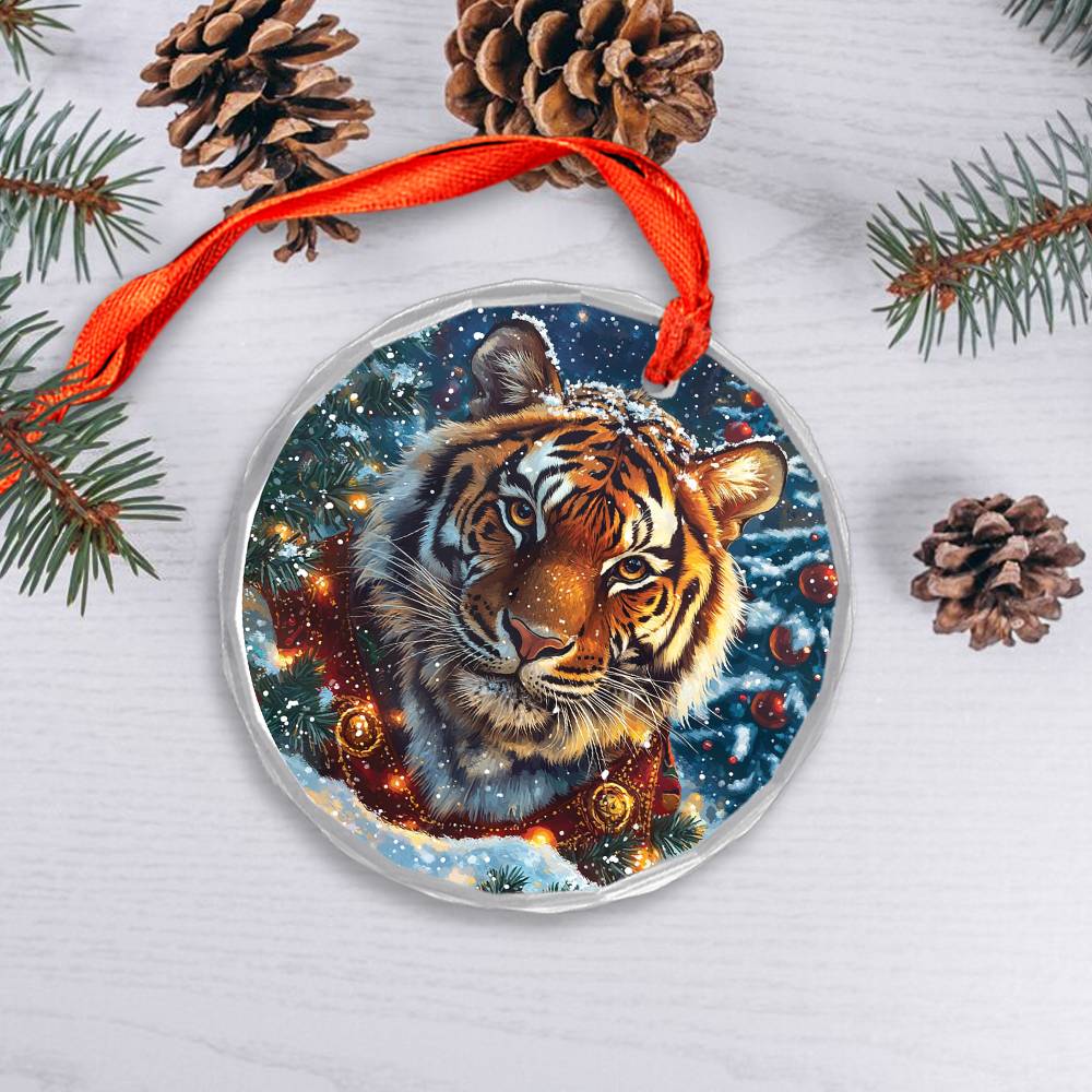 Beautiful Tiger Christmas Night Design 4 Glass Ornament