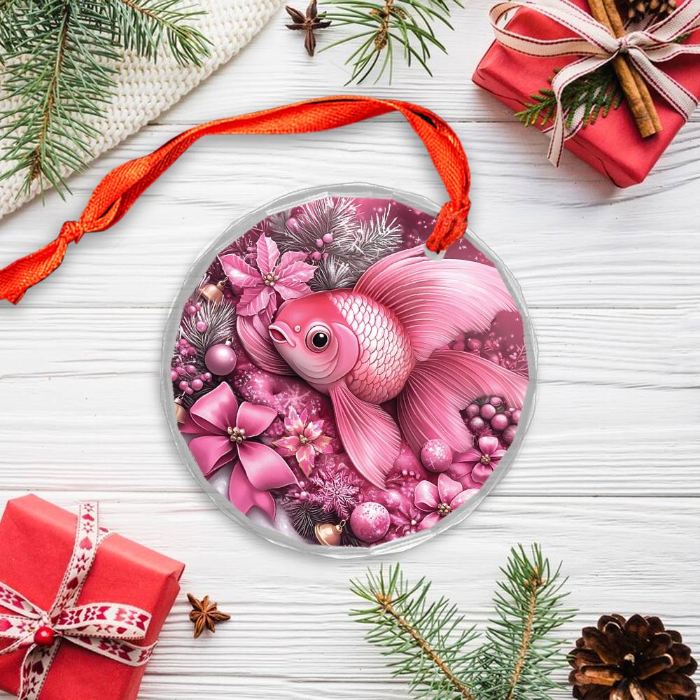 Goldfish Pink Christmas Design 3 Glass Ornament