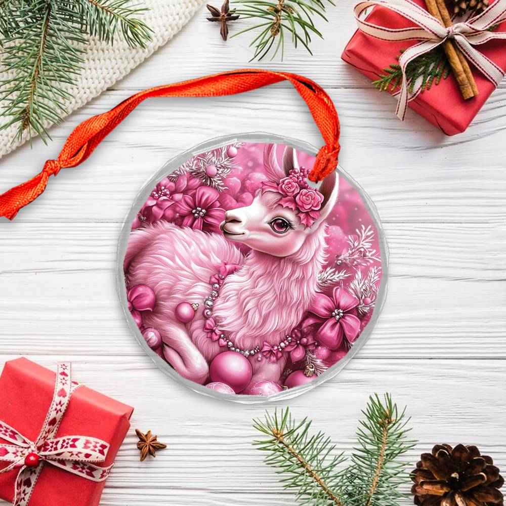 Llama Pink Christmas Design 3 Glass Ornament