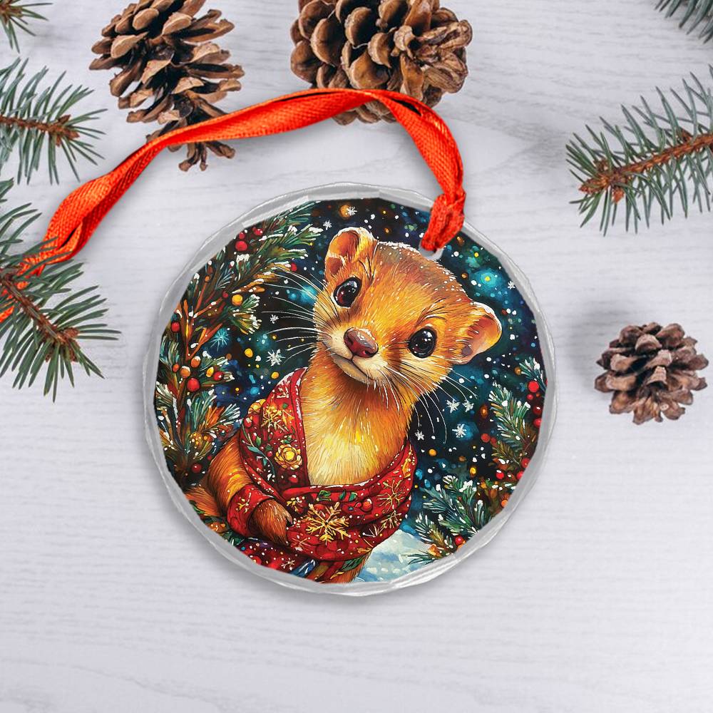 Beautiful Angus Weasel Christmas Night Design 3 Glass Ornament