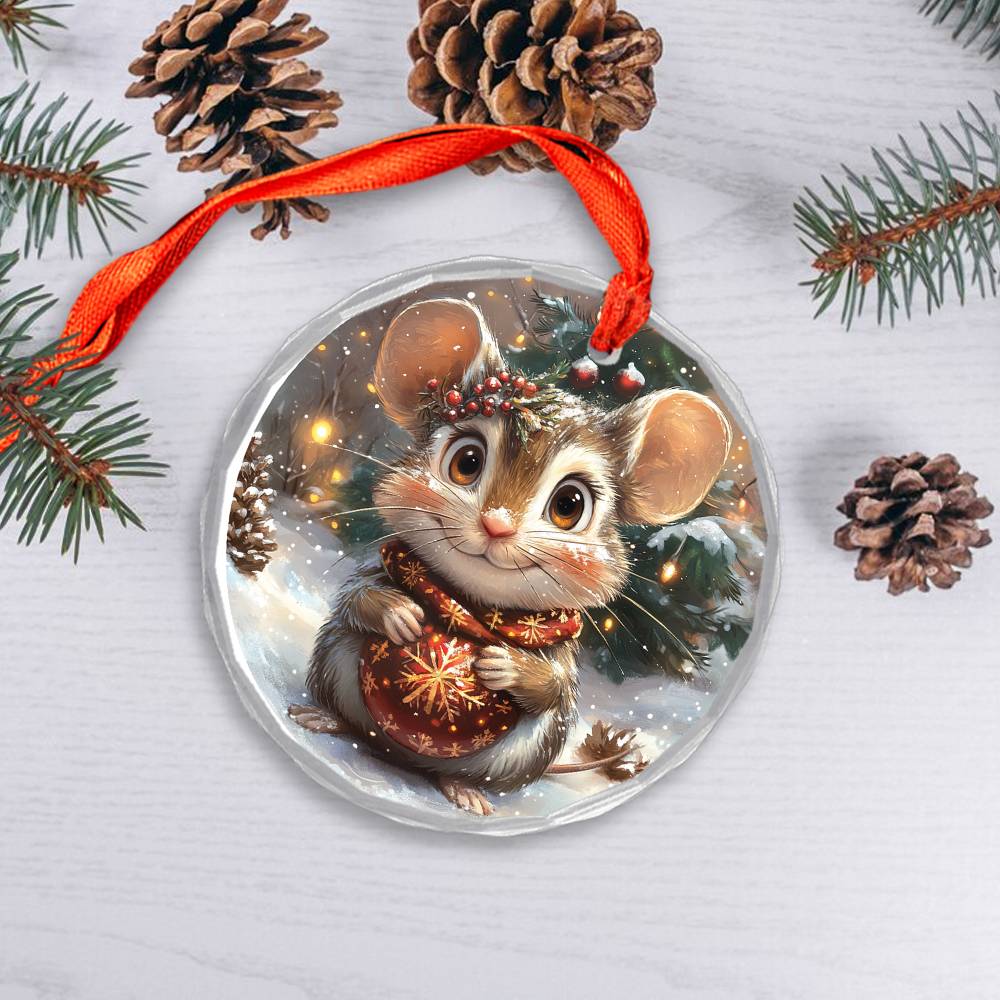 Beautiful Angus Mice Christmas Night Design 4 Glass Ornament