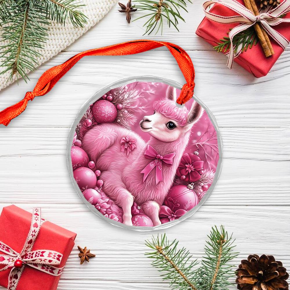 Alpaca Pink Christmas Design 3 Glass Ornament