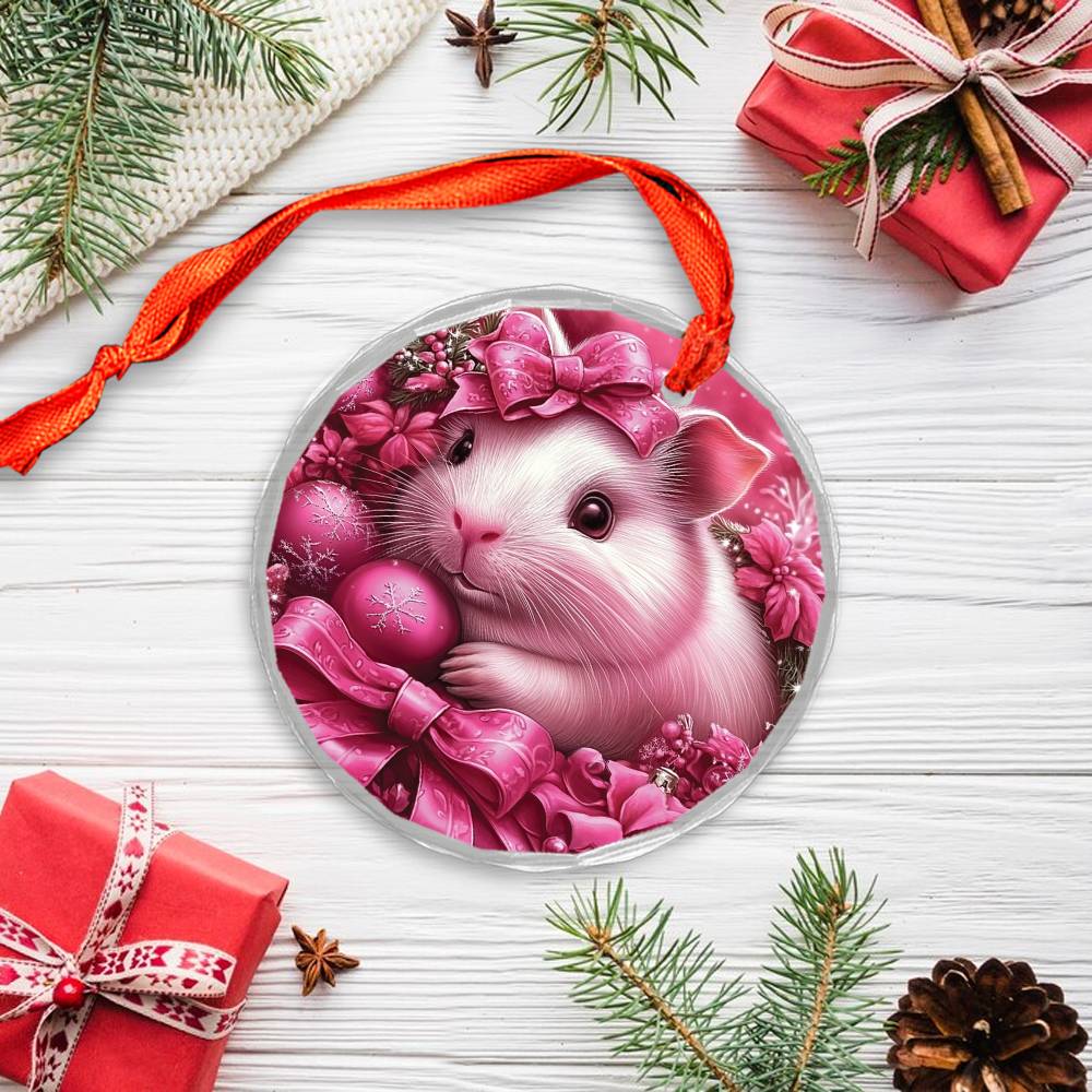 Guinea Pig Pink Christmas Design 2 Glass Ornament