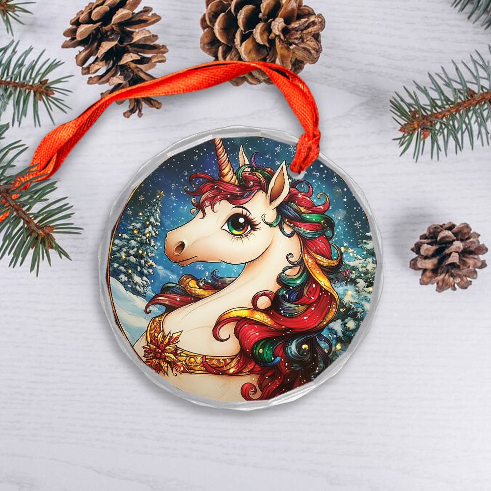 Beautiful Angus Unicorn Christmas Night Design 1 Glass Ornament