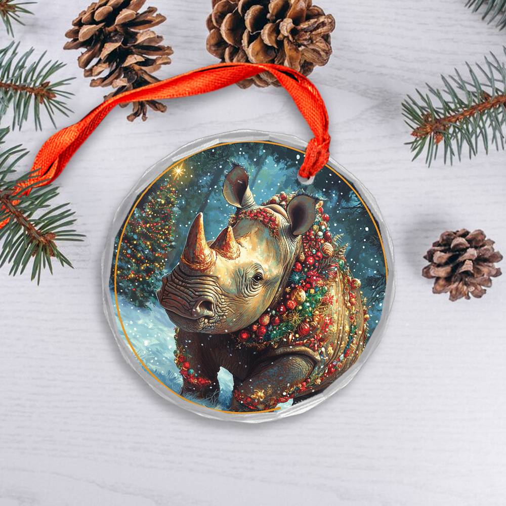 Beautiful Rhino Christmas Night Design 1 Glass Ornament
