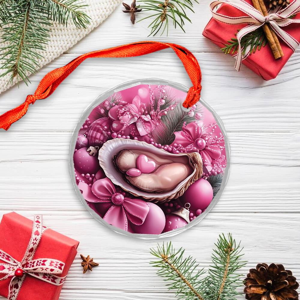 Oysters Pink Christmas Design 3 Glass Ornament
