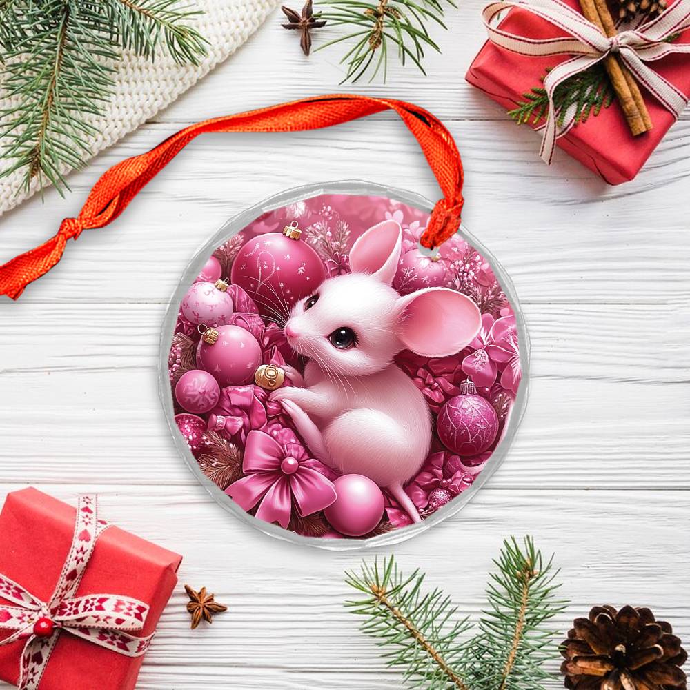 Mice Pink Christmas Design 2 Glass Ornament