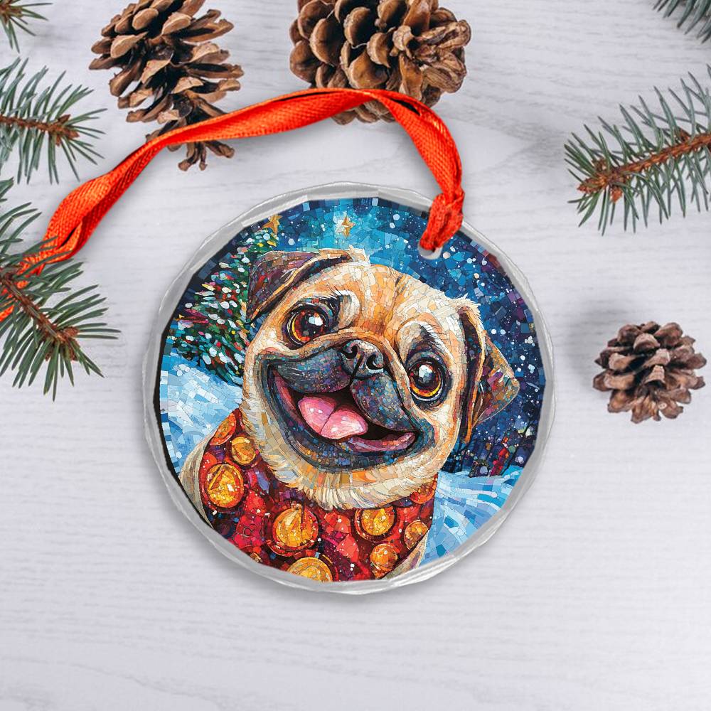 Beautiful Pug Dog Christmas Night Design 1 Glass Ornament