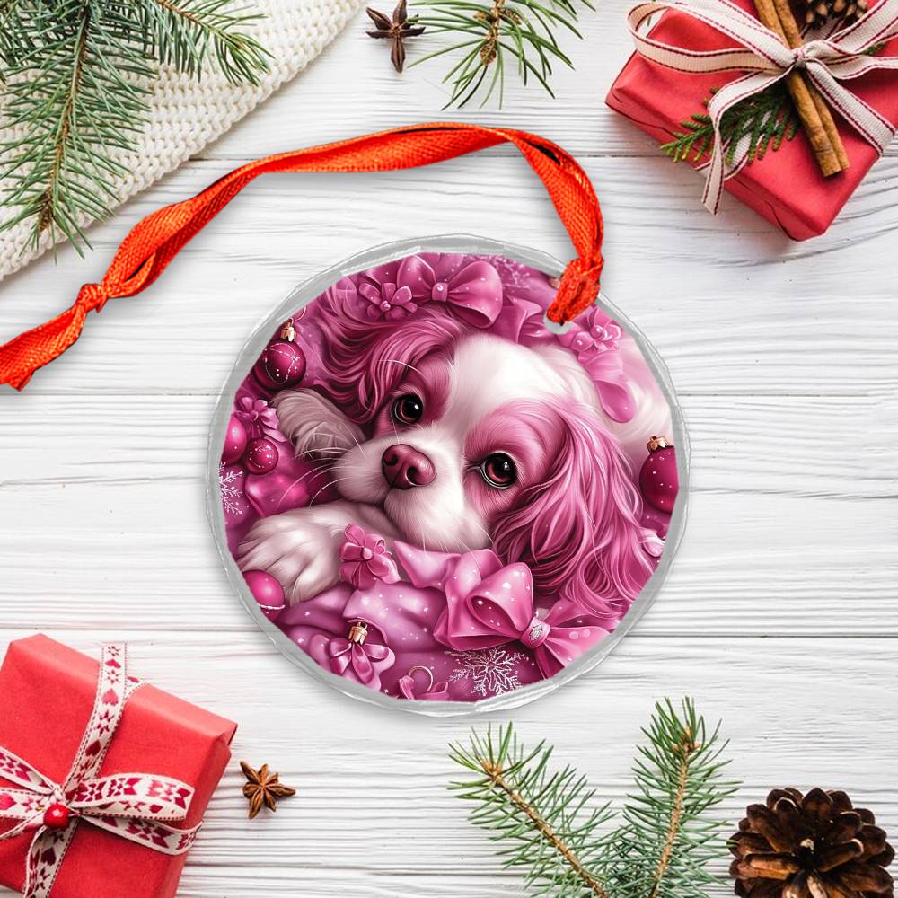 Cavalier King Charles Spaniel Dog Pink Christmas Design 1 Glass Ornament