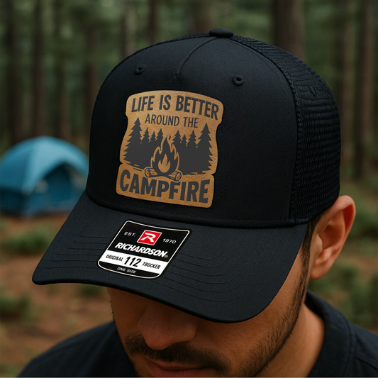 Custom Campfire Trucker Hat – “Life Is Better Around the Campfire” Richardson 112 Outdoor Cap VHA163
