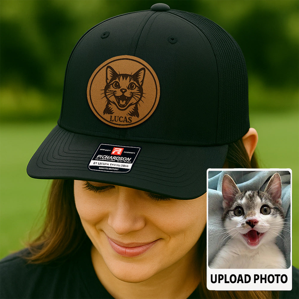 Personalized Cat Photo Leather Patch Hat | Trucker Hat With Cat Photo | Gift For Cat Lover TNGANSP038