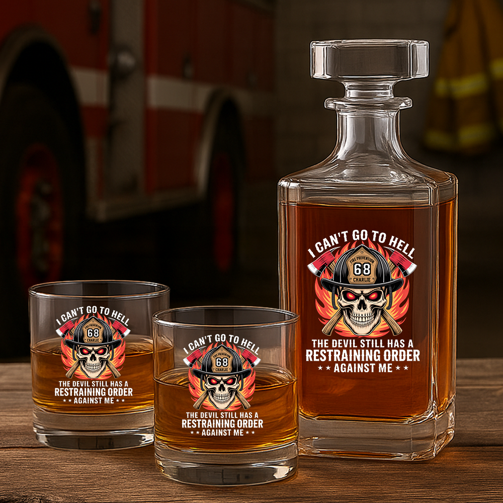 Personalized Firefighter I Can't Go To Hell Decanter, Gift For Fireman Decanter With Whiskey Glasses Set, First Responder Gift TNN028