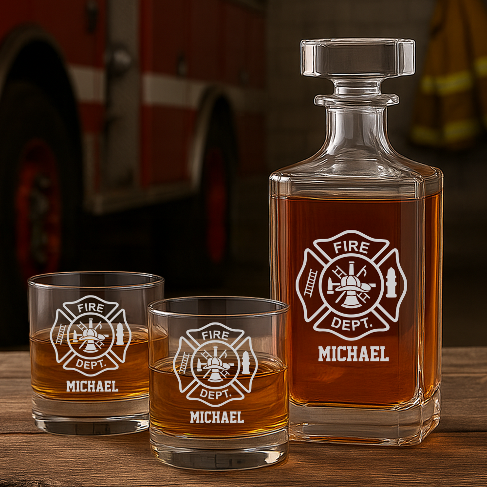 Personalized Firefighter Decanter With Whiskey Glasses Set, First Responder Gift, Firefighter Maltese Cross Decanter, Fireman Gift TNN017