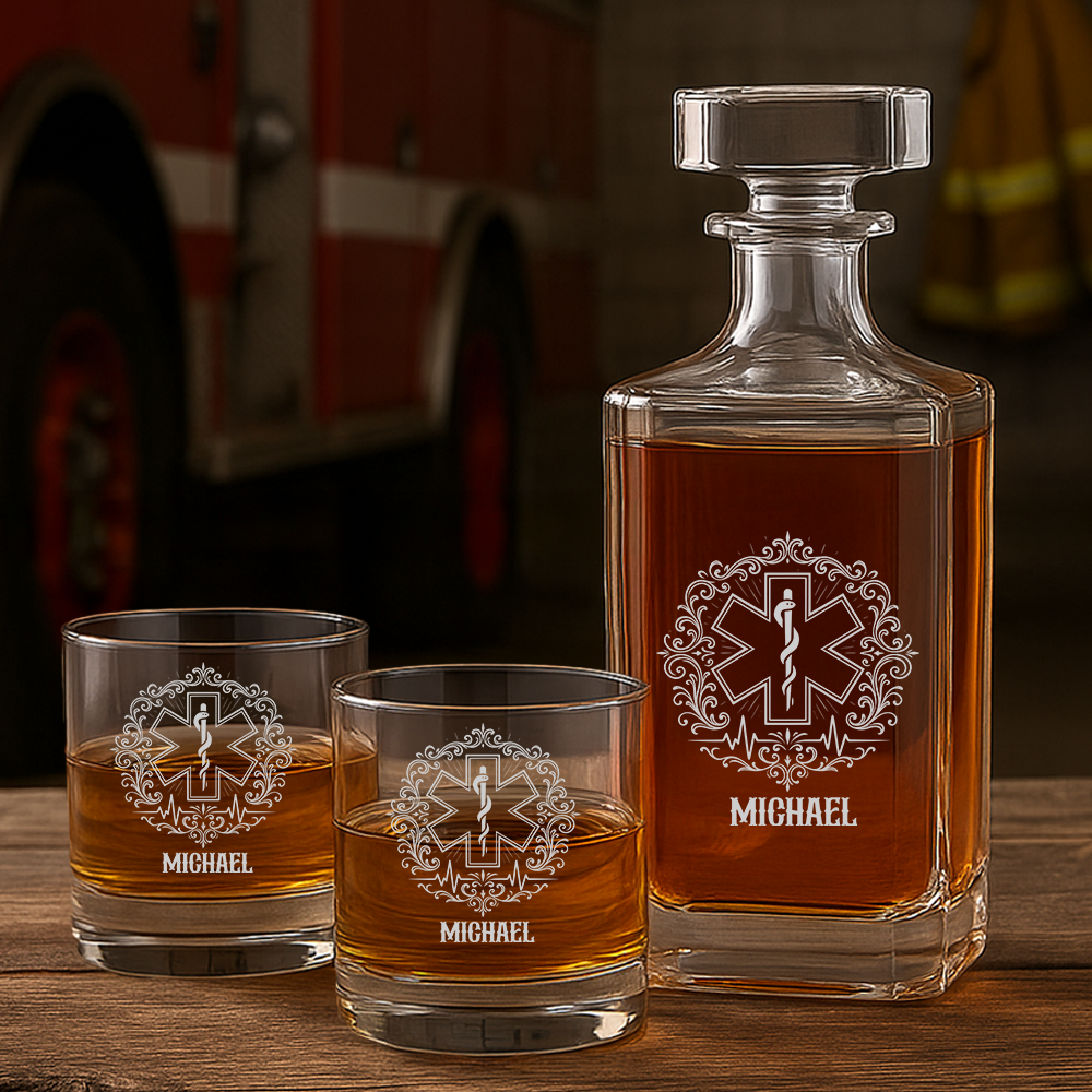 Personalized Firefighter Decanter With Whiskey Glasses Set, First Responder Gift, Firefighter Maltese Cross Decanter, Fireman Gift TNN018