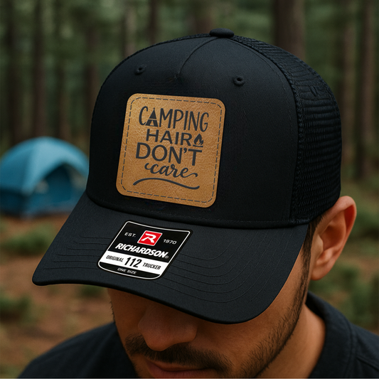 Custom Camping Trucker Hat – “Camping Hair Don’t Care” Funny Richardson 112 Outdoor Cap VHA163