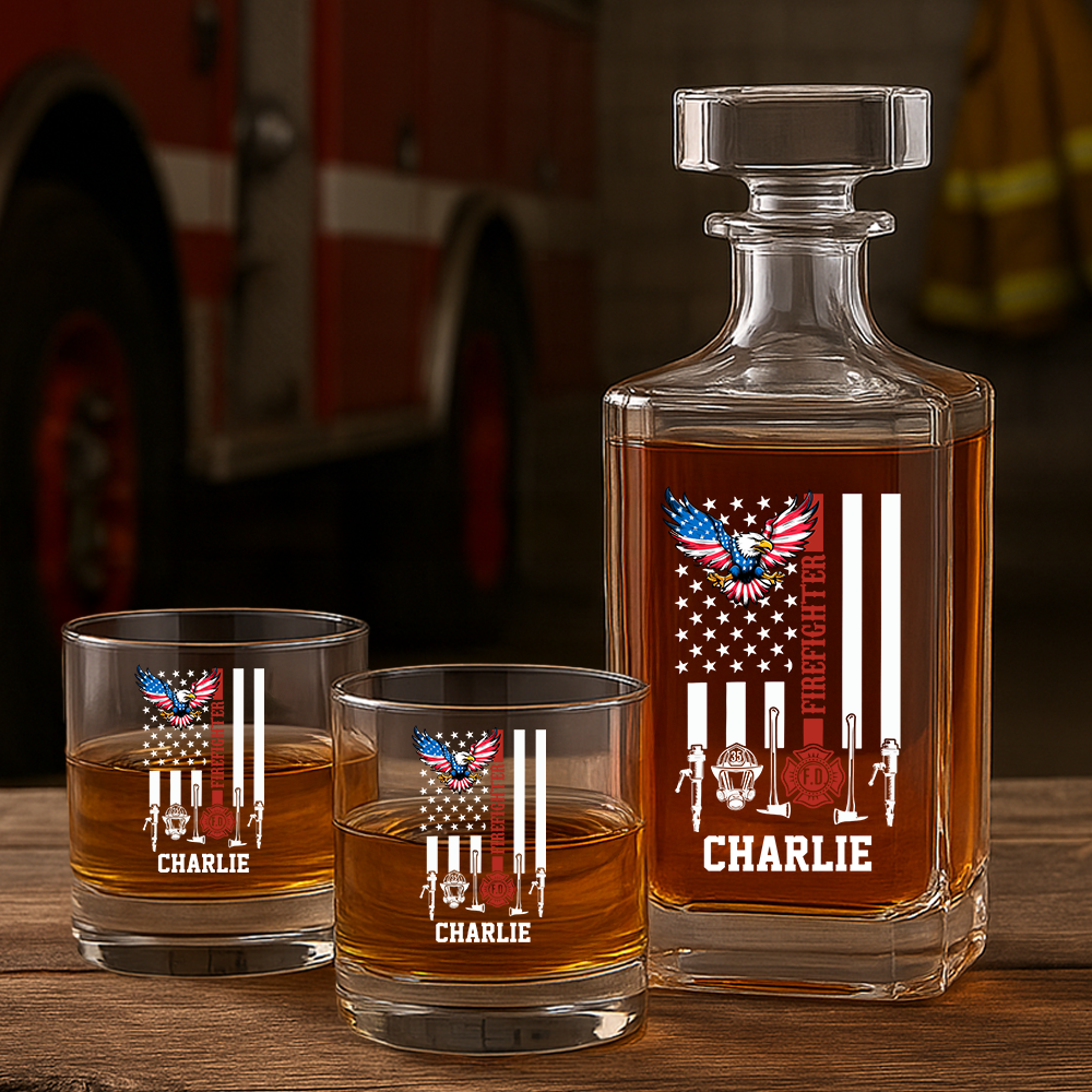 Personalized The Thin Red Line American Eagle Firefighter Decanter Set, Gift For Fireman, First Responder Gift TNN039