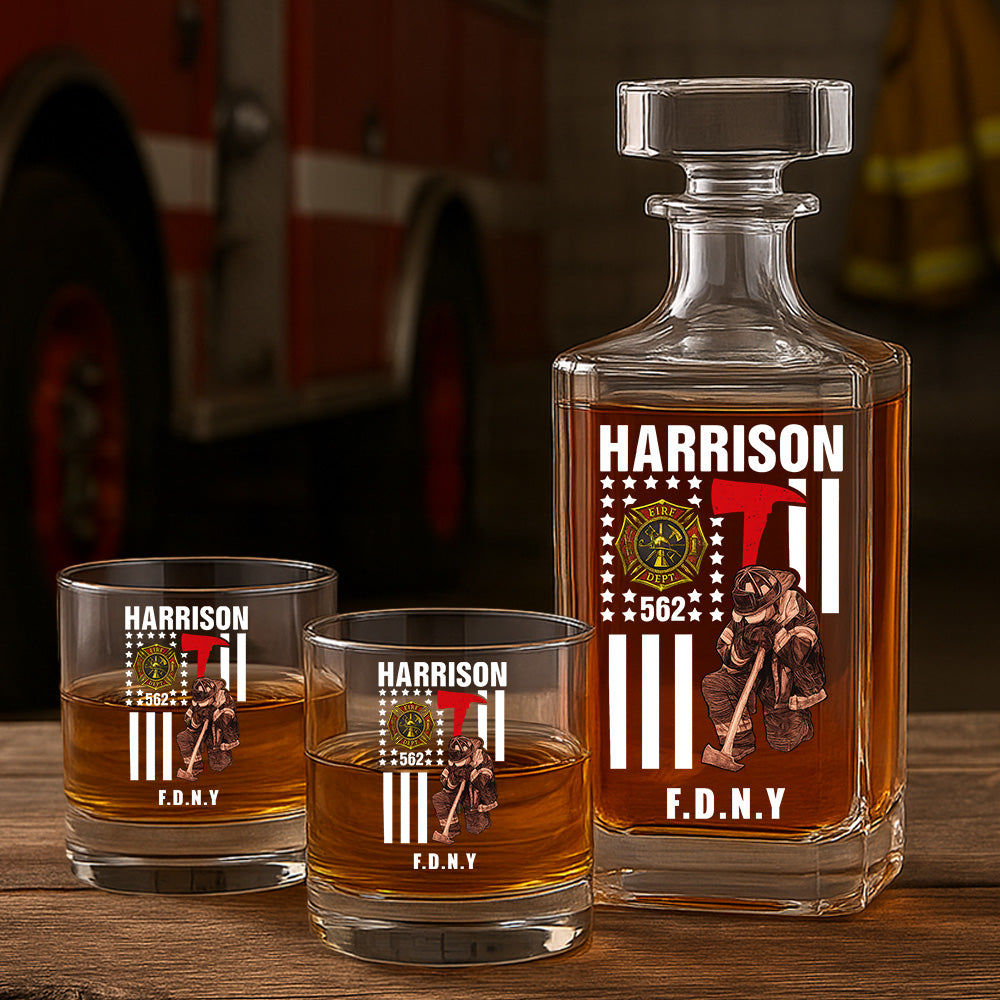 Personalized Gift For Firefighter Thin Red Line Decanter Set, Gift For Fireman, First Responder Gift TNN053