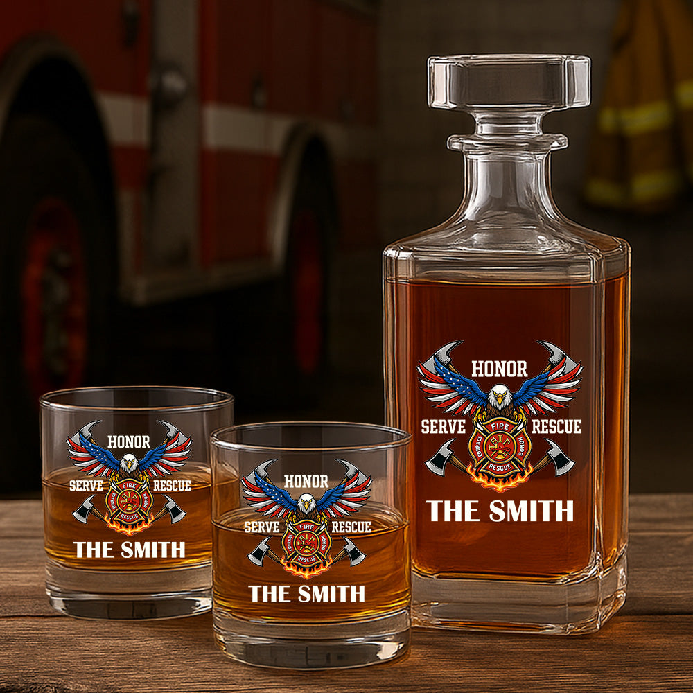 Personalized Honor Serve Rescue American Eagle Firefighter Decanter Set, Gift For Fireman, First Responder Gift TNN041