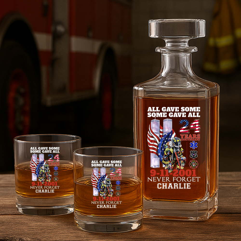 Personalized 24 Year Anniversary Patriot Day 9-11-2001 Never Forget Decanter Set, Gift For Fireman, First Responder Gift TNN045
