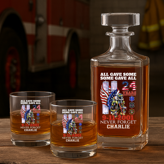 Personalized 24 Year Anniversary Patriot Day 9-11-2001 Never Forget Decanter Set, Gift For Fireman, First Responder Gift TNN045
