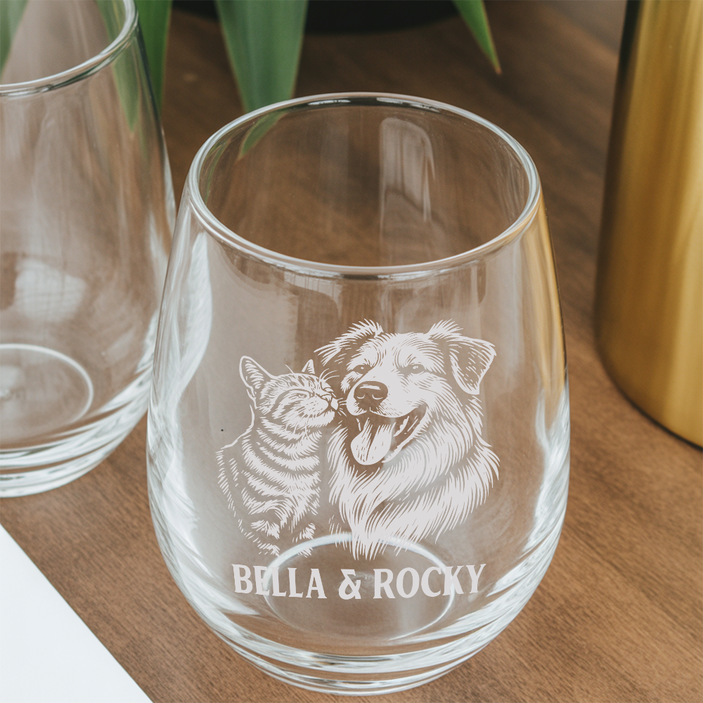 Custom Photo Dog & Cat Stemless Wine Glass | Personalized Pet Photo Stemless Wine Glass | Pet Lover Gift TNNGL15